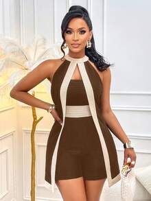 AIJ Bộ jumpsuit nữ thời trang gợi cảm, thanh lịch, phối màu tương phản, kiểu cổ yếm, thích hợp cho mùa hè. - màu nâu - Xem 3