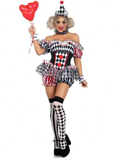 Set da 5 pezzi di accessori per costume da clown - fascia per capelli, tuta, sciarpa da collo, 2 bracciali, calze, uniforme per cosplay per feste e spettacoli