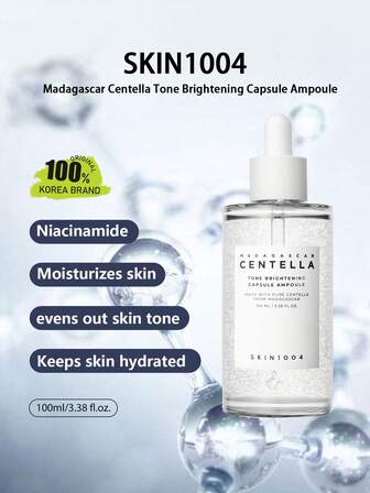 SKIN1004 马达加斯加积雪草亮肤胶囊安瓶 100ml，舒缓保湿亮肤，敏感肌肤适用，深层清洁，不干燥配方，便携使用，无残留，妆前准备，适合易长痘肌肤，韩妆，韩国彩妆，100ml/3.38 液体盎司。