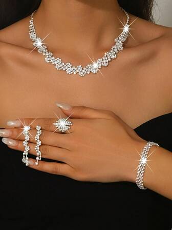 Juego de 5 piezas de joyería para mujer, collar, aretes, pulsera, anillo, con patrón geométrico, accesorios elegantes para fiestas, nupcial y boda