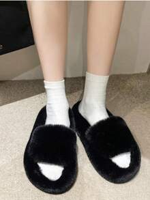 Women's Fluffy Faux Fur Open Toe Slippers, Soft Warm Indoor Plush Furry Slides, Fashionable Couple Fur Slippers For Winter