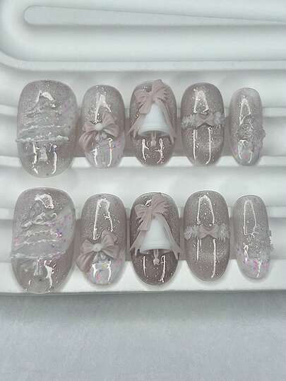 10片可爱圣诞短杏仁法式手工按压式美甲贴片 3D圣诞树铃铛蝴蝶结美甲粉色猫眼闪粉假指甲美甲用品（1张果冻贴纸+1个指甲锉）