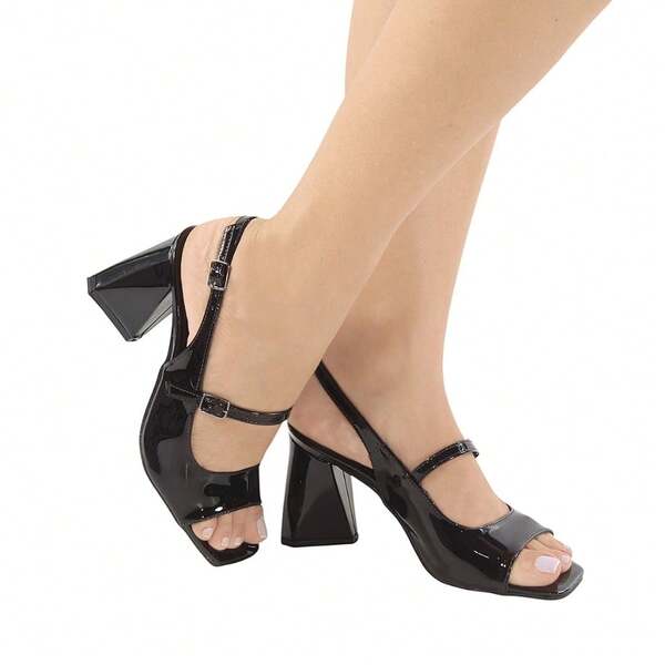 Sandália Feminina Fivela Bico Quadrado Salto Bloco Médio 7,5 cm Conforto Elegante Casual Festa