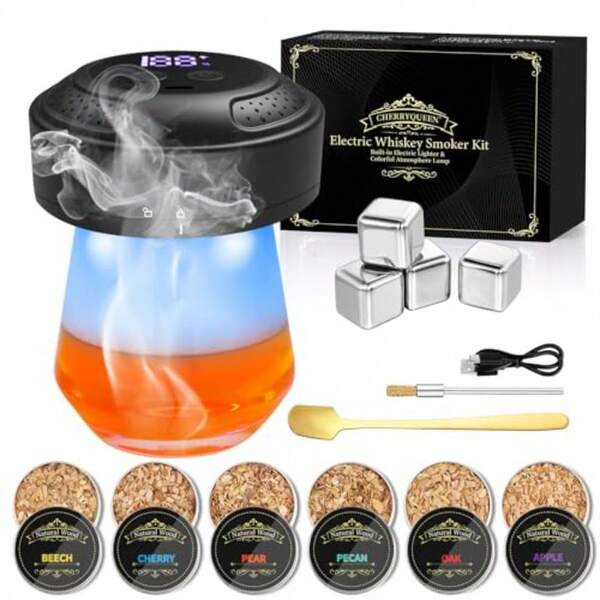 Electric Whiskey Smoker Kit Builtin Lighter Rechargeable No Butane Needed With 6 Natural Wood Chips For Cocktails And Old Fashioned Drinks Bourbon Whiskey Gifts For Men Dad Husband