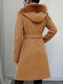 Abrigo largo con capucha para mujer, clásico y elegante, cuello con capucha y peluche desmontables. Manga larga. Tela de poliéster, interior forrado, cálido y agradable, apto para temporadas de otoño e invierno. Bolsillos frontales funcionales con cierre metálico. Ajuste con cierre metálico y cinturón de tela. - Café integral - Ver 2