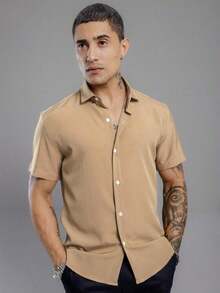 Men's Kit: Short-Sleeved Shirt With Italian Collar And Plain Shorts. Premium Set, Comfortable, Lightweight And Cool, Perfect For Summer, New Year's Eve And Christmas. - 米色 - 查看 5