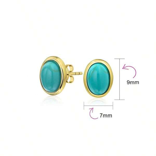 Classic 7x9 MM Gemstone Black Onyx Blue Turquoise Amber Bezel Set Dome Button Oval Stud Earrings For Women 14K...
