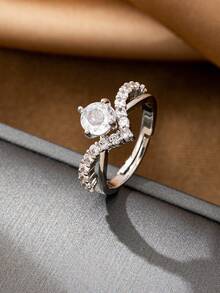 Bộ 1/3 nhẫn cầu hôn và nhẫn cưới nữ đính đá Zirconia pha lê, trang sức cô dâu, nhẫn đính hôn cho nữ, kích cỡ điều chỉnh được - Bạc - Xem 7