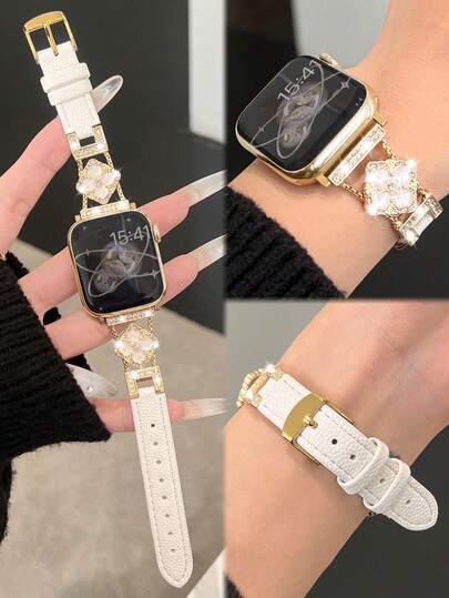 1条兼容苹果手表的女士表带，白色皮革搭配金色水钻花朵链条装饰，适用于苹果手表系列8/9/10/11/SE/5/6/7/3/2/1，尺寸为38mm/40mm/41mm/42mm/44mm/45mm/46mm/49mm，米白色，时尚耐用，适合手腕周长155cm-205cm，智能手表配件