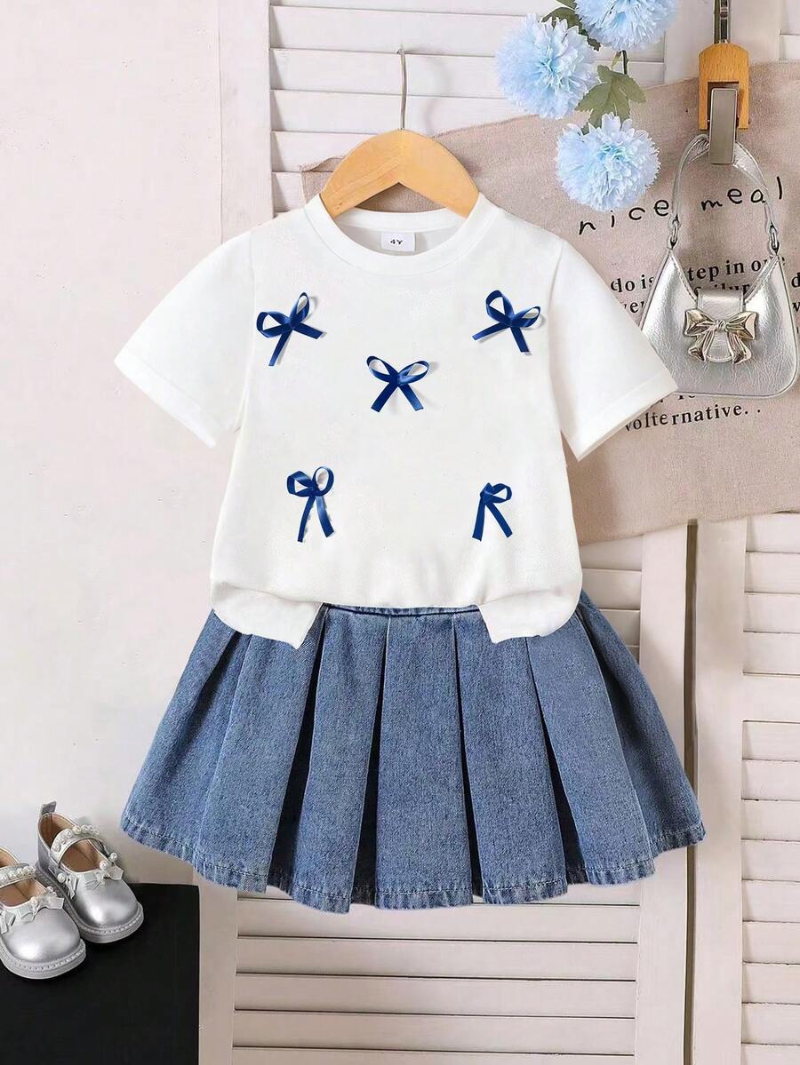 Young Girl Cartoon Print Short Sleeve Top And Denim Skirt Set - White - View 1