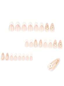 24 Pieces Per Set, Classic White French Floral Design, High Cost-Performance Personalized And Fashionable Artificial Nails, French Floral Almond-Shaped Design, 3D Water Diamond Metal Bead Decoration, Suitable For Ladies And Girls, Perfect For Parties, Dates And Vacations. Including Nail Care Tools. Change The Shape Of The Nails. Nail Care Products. Nail Art Tools. A Beginner In Manicure - 白色JP4089 - 查看 3