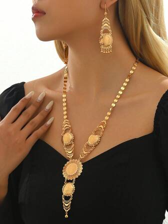 Set de 3 piezas con collar y aretes con borlas con diseño vintage de rosa y girasol de estilo medio oriental, accesorios para vestidos de fiesta y boda para mujeres