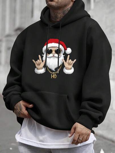 1 pieza Sudadera con capucha con estampado de Papá Noel para hombre de talla grande, cálida para otoño/invierno, adecuada para uso casual en Navidad