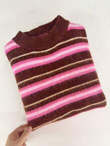 Vivid Women's Fashion Colorblock Striped Loose Round Neck Knit Sweater, Autumn/Winter Pullover - Multicolor - View 5