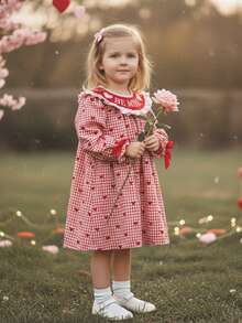 Toddler Baby Girl Valentines Day Outfit Love Heart Embroidery Dress Doll Collar Long Sleeve Smocked Dress For Kids - 紅色 - 查看 3