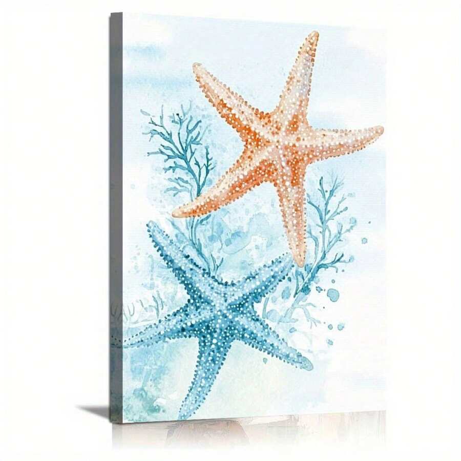 1pc Starfish Ocean Coastal Canvas Wall Art Print, Watercolor Marine Sea Life Home Decor For Living Room Bathroom, Beach Theme Stretched Artwork For Bedroom - 彩色 - 查看 1
