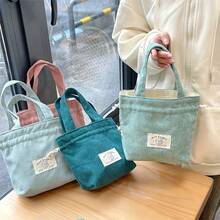 1pc Women's Handbag With Drawstring Closure, Simple And Durable, Women'S Versatile Corduroy Bag, Corduroy Drawstring Handbag, Lightweight Foldable Purse With Corduroy Exterior & Drawstring Closure, Minimalist Bag For Camping Travel, Work - Màu xanh bụi bặm - Xem 1