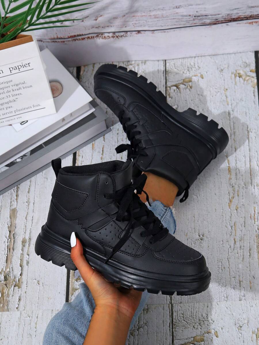 2026 New Women's Black High-Top Casual  Boots, Work Boots ,Winter Boots,Waterproof Hiking Boots, High-Cut Lace-Up Boots, Outdoor Shoes, Festival Gift, Birthday Gift,Couples,Valentine's Day Gift - 黑色 - 查看 1