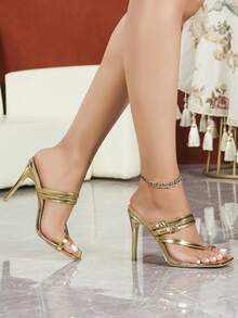 Women's Fashion High Heel Shoes, Nightclub Style, Party, Metal PU Leather, Thong, Double Buckle, Faux Pearl Buckle, Slip-On, Open Toe, Open Heel, Classic Square Toe Sandals, Gold Electroplated Heel, Thin Heel, Summer Outdoor Style, Regular Style, Women's Gold Sandals, High Heel Slippers, Minimalist, T-Strap Sandals - Gold - View 4