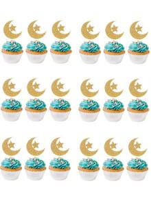 6/12/18/24pcs Star & Moon Cake Toppers, Glitter Paper Cupcake Picks, Party Supplies Tabletop Decorations - Gold - View 5