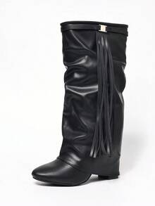 Herbst/Winter Schwarze Fransen Riemen Schnallen Dekor Schaft Stiefel, Rundkappe, Plateauabsatz, Schlupfstiefel, vielseitig, elegant, geeignet für Urlaub, Party, Musikfestival, modische Kniehohe Stiefel für Frauen - Schwarz - Übersicht 4