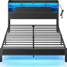 Base Cama Led Con Estante Y Estación Carga,Base Cama Matrimonial Plegable con Storage, Puertos USB y de Carga, Luces LED, Ideal para Recámara Moderna, Full 211*139*113 - Negro - Ver 7
