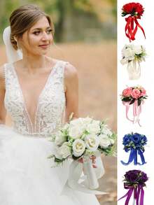 婚礼新娘捧花，人造丝玫瑰花伴娘拍照道具，非常适合求婚、周年纪念和毕业典礼