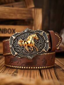 1 件男士波西米亚西部牛仔马扣复古深棕色 PU 皮带，适合所有季节秋季、秋季、万圣节秋冬配饰，适合青少年、青年、男士、休闲、户外、运动、度假、毕业礼物、生日、日常穿着