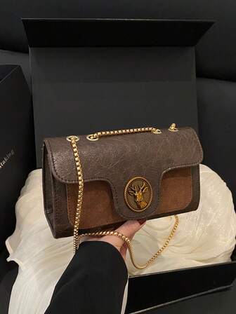 Bolso de hombro/bandolera retro de mini metal, patchwork de PU y poliéster, con correa de cadena de metal, adecuado para compras, oficina y uso diario de mujeres