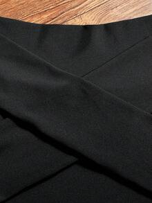 两件套女士优雅纯黑色交叉长袖针织上衣和修身休闲裤套装 春季 - 黑色 - 查看 3