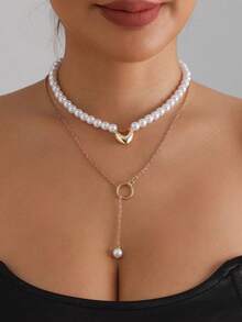 4-Piece Set Of Fashionable And Simple Baroque Faux Pearl Metal Heart Necklace With Adjustable Fine Chain Necklace, Women's Fashionable Jewelry, Suitable For Banquets Parties Daily Dates Commuting Wear