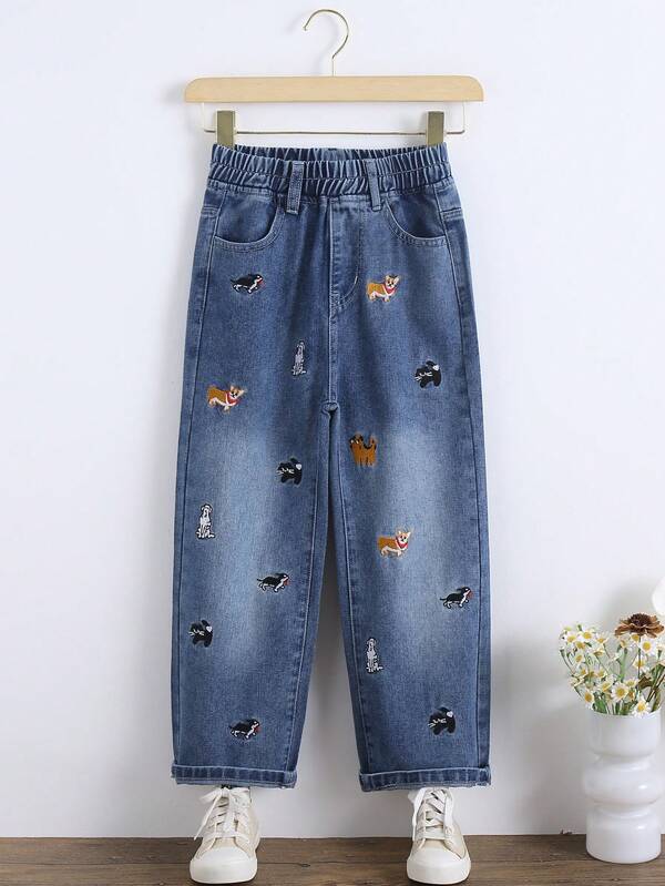 Calça jeans reta para meninas com bordado de animais fofos, versátil
