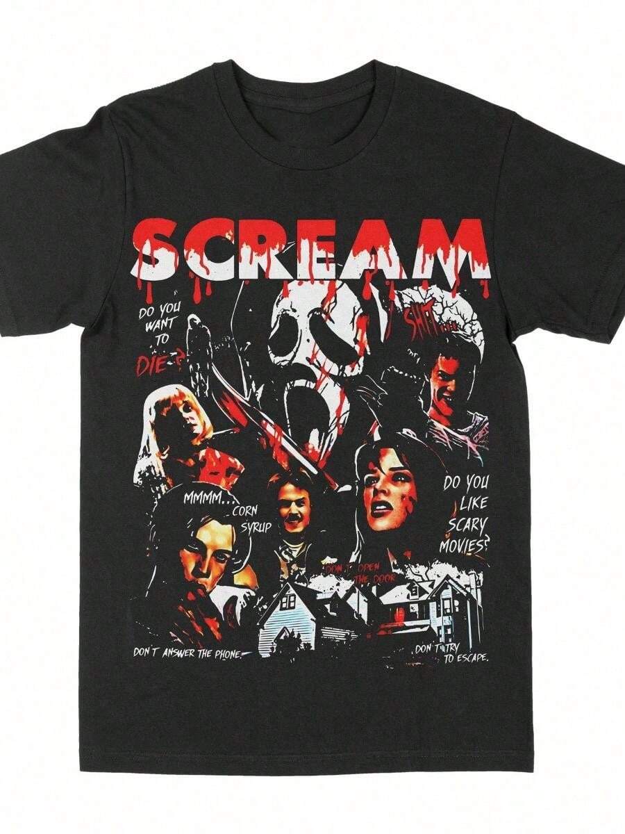 Scream Ghostface Horror Movie Merchandise Printed T-Shirts, Summer Luxury Brand Pure Cotton Men's And Women's T-Shirts.Jpg Women's Solid-Colored Boat-Neck Short-Sleeve One-Piece Shirt Paired With Printed Shirts, Ladies' Tops, And Printed Short-Sleeve Shirts. Ladies' Top. Vintage Graphic Casual Short Cotton Shirt Featuring Vintage Art Printing, Humorous Streetwear, And A Large Comfortable Summer Top.Ladies' Undershirt - 黑色4 - 查看 1