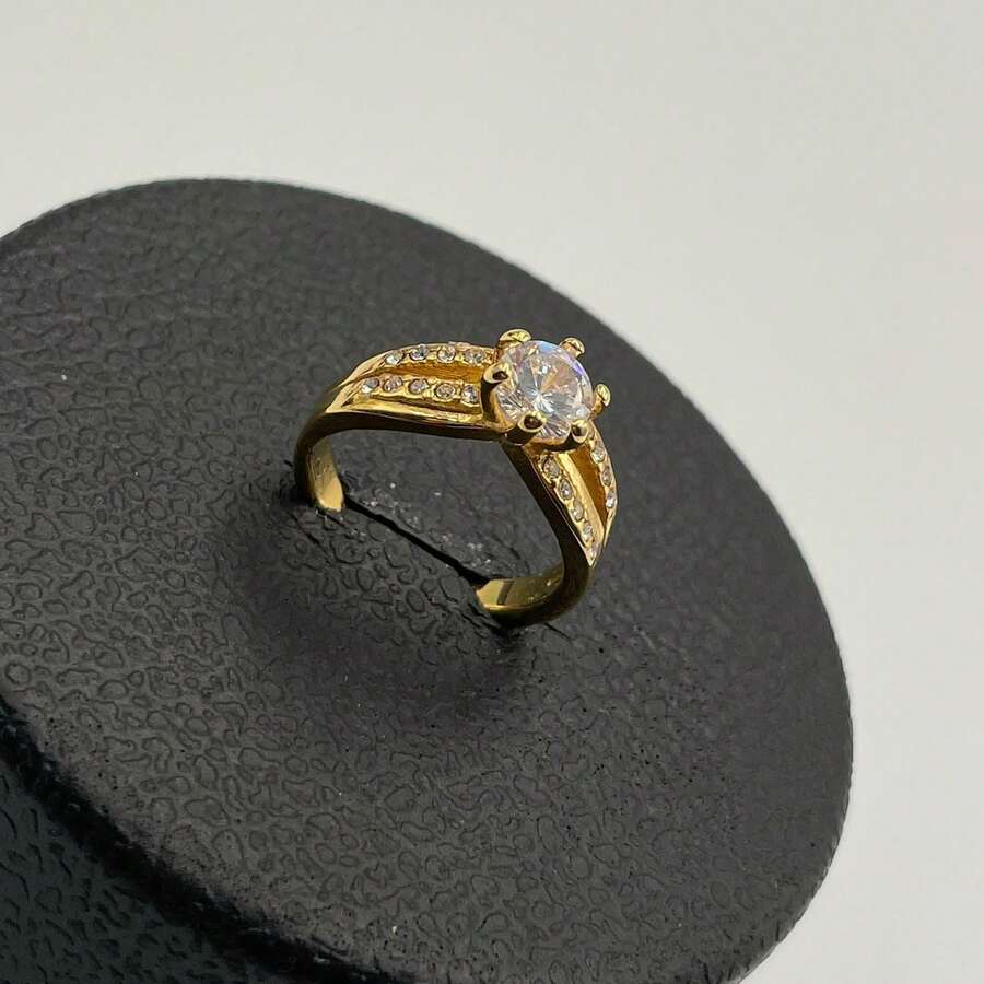 KYQ Anillo solitario con diamantes de cristal de acero inoxidable. - Amarillo Oro - Ver 1