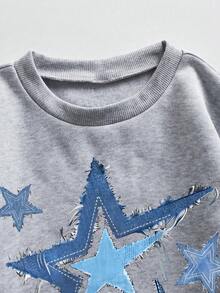 少女卡通星星印花圆领长袖卫衣和喇叭裤套装 - 灰色 - 查看 5