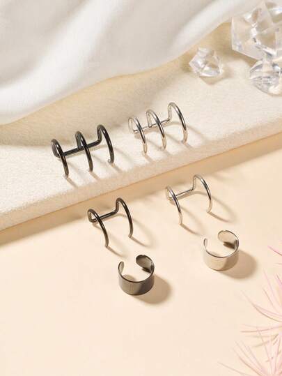 1pc Funky Stainless Steel Ear Cuff For Men For Daily Decoration, Clip On Ear Non Piercing Jewelry Black Silver Fake Earrings Fake Ear Piercing Jewelry Fake Lip Rings Lip Cuff