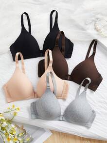 4件組女款V領舒適多色休閒無鋼圈前扣式軟杯純棉素色Bralette內衣，可調節肩帶 - 彩色 - 查看 10