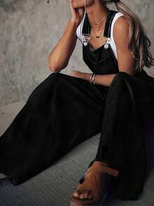 Women's Fashionable Casual Loose-Fitting Denim Overalls, Overalls For Winter, Overalls, Suitable For Home And Casual Wear, Female Teacher's Attire, Christmas Women's Clothing, Women's Office Wear, Women's Party Dresses, Women's Cocktail Party Dresses. - 黑色 - 查看 3