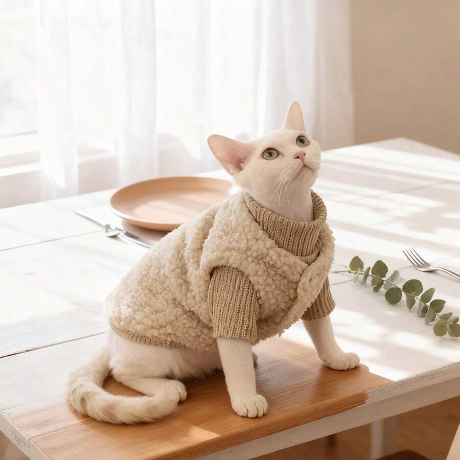 2pcs Winter Sweater & Vest Set, Hoodie Sweater And Fleece Button Vest, Suitable For Small To Medium Cats, Hairless Cats