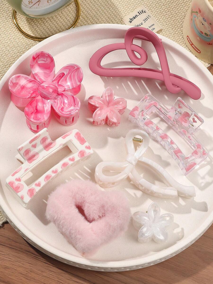 8件組甜美粉色髮夾組合－愛心印花、花朵、毛絨蝴蝶結與方形優雅極簡髮夾