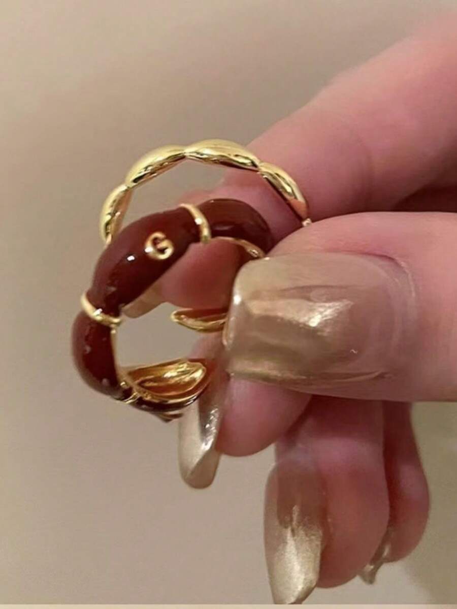 1 PC Gold Plated Floral Ring Open Adjustable Design Red Enamel Accents Irregular Flower Shape Stackable Vintage Style Jewelry For Women Daily Wear Wedding Party Festival Gift