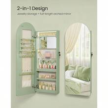 Wide Jewelry Organizer, Jewelry Cabinet Wall/Door Mounted, Arched Mirror With Storage, Lockable, Rounded Corner, Interior Mirror, 3.9x 16.5x 42.5 Inches, Cloud White UJJC020W01 - 月桂綠 - 查看 4