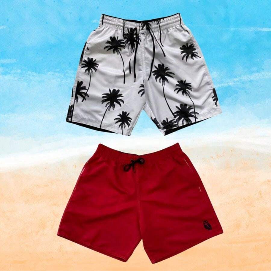 Set Of 2 Men's Tactel Shorts With Pockets - Beachwear, Gym, Pool - White and Red - View 1