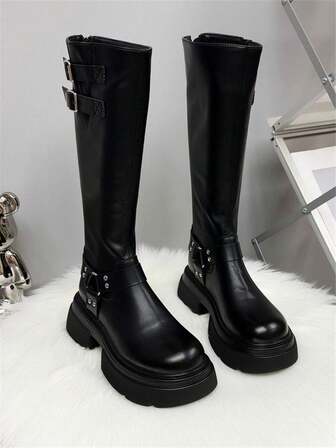 2025 Autumn/Winter New Thick Sole Slim Leather Tall Boots, Buckle Strap Riding Boots With Back Zipper, Boots
