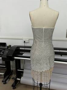 Heavy Craft Sparkling Starry Sky Full Diamond Sexy V-Neck Strapless Dress High-End Luxury Party Performance Gown - Bạc - Xem 5