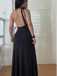 Women's Long Dress With Side Slit, High Neck, And Neck Strap. Stylish, , For New Year's Eve. - 黑色 - 查看 2
