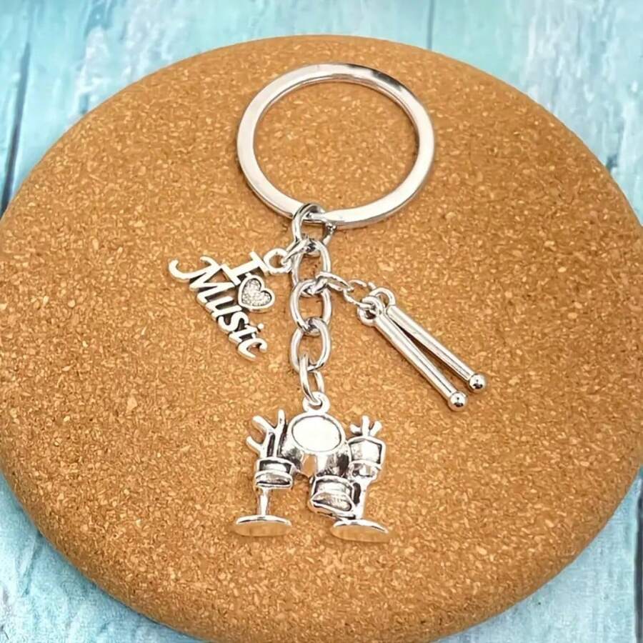 1个男女通用架子鼓钥匙扣，鼓形吊坠，音乐爱好者礼物，钥匙圈配件 - 銀色 - 查看 1