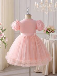 coviviky Girls' Sweet Princess Dress, Elegant Fashion 3D Butterfly Applique, Puff Sleeves And Satin Bow Waist Band Patchwork Ruffle Hem Party Wedding Flower Girl Dress - Pink - View 2
