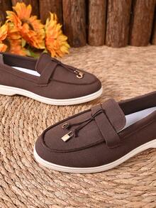 Women's Black & White Two-Tone Tassel Loafers - Comfortable Slip-On Flats, Stylish Casual Commute Shoes - Brown - View 4