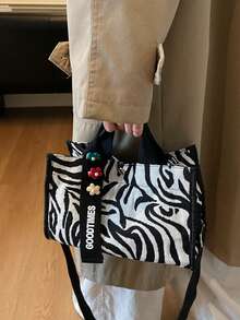 Fashionable Versatile Fabric Bag, Commuter Zebra Print Handbag - Black and White - View 2